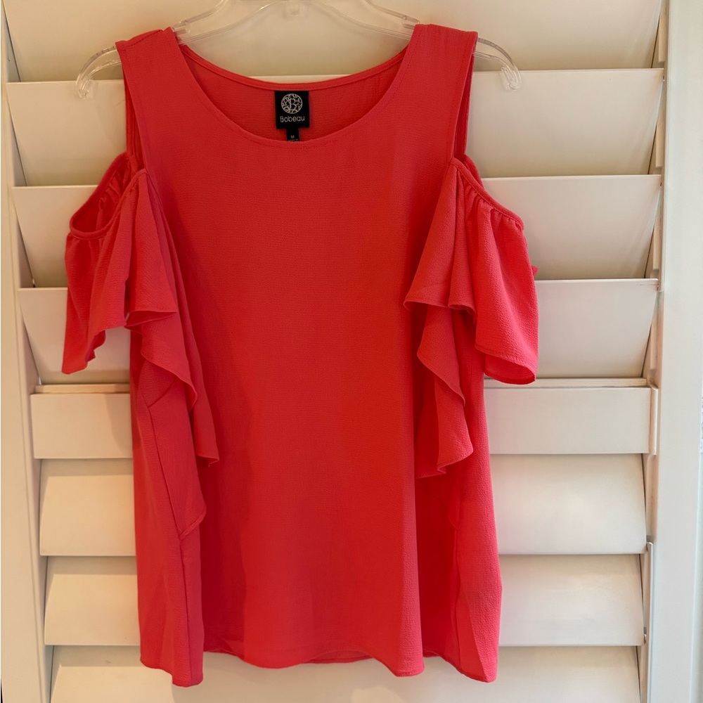 Bobeau Coral Cold Shoulder Ruffle Blouse